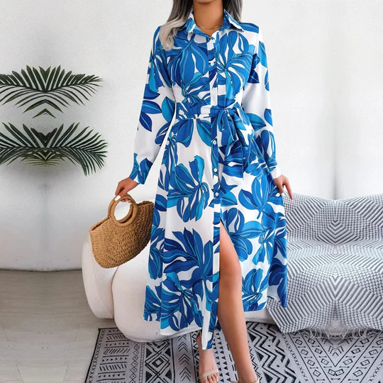 Levoire | Robe Chemise Avec Motif Floral Et Ceinture À La Taille Bleu et Blanc