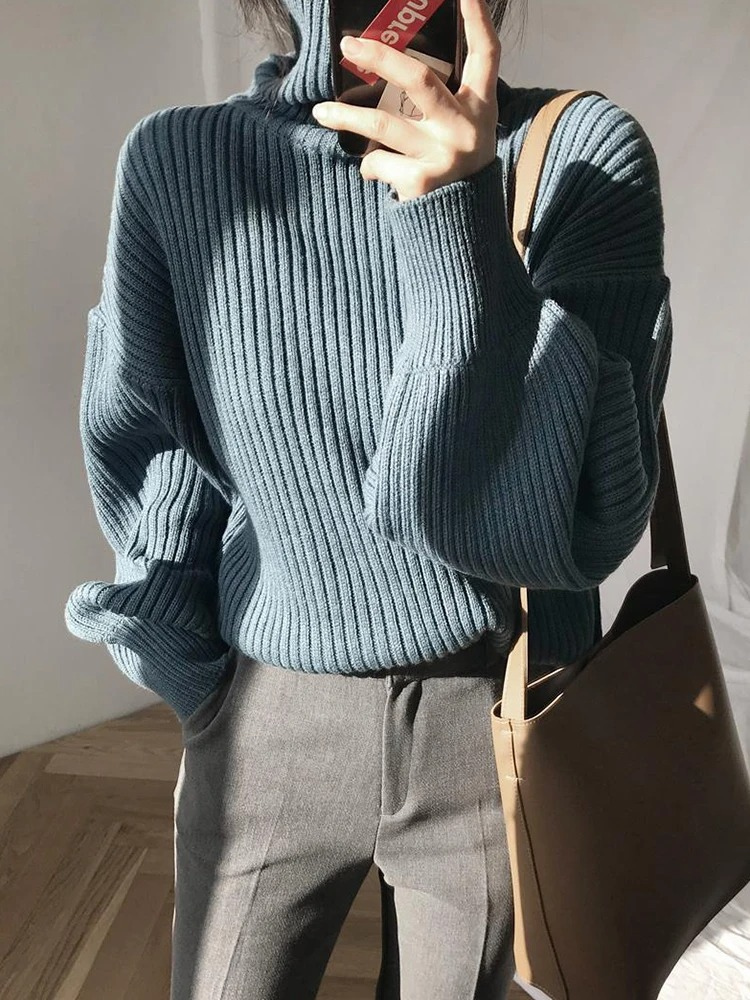 Levoire | Pull femme à col montant, pull oversized à côtes, chaud et élégant Bleu