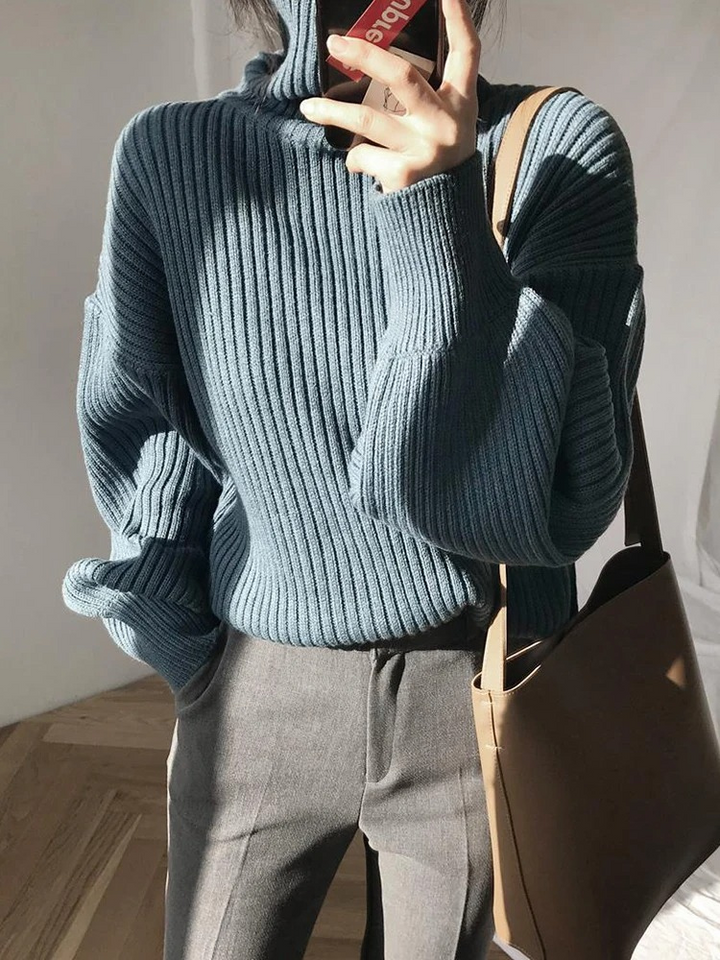 Levoire | Pull femme à col montant, pull oversized à côtes, chaud et élégant Bleu