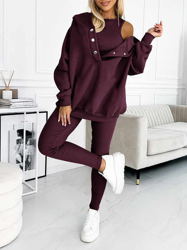Levoire | Sweat-Shirt Confortable Avec Capuche Bourgogne Pull + Gilet + Pantalon