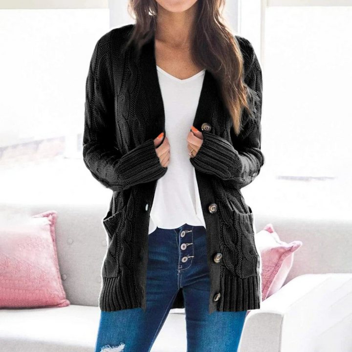 Levoire | Cardigan pour femmes avec motif en cable, boutons et poches Noir