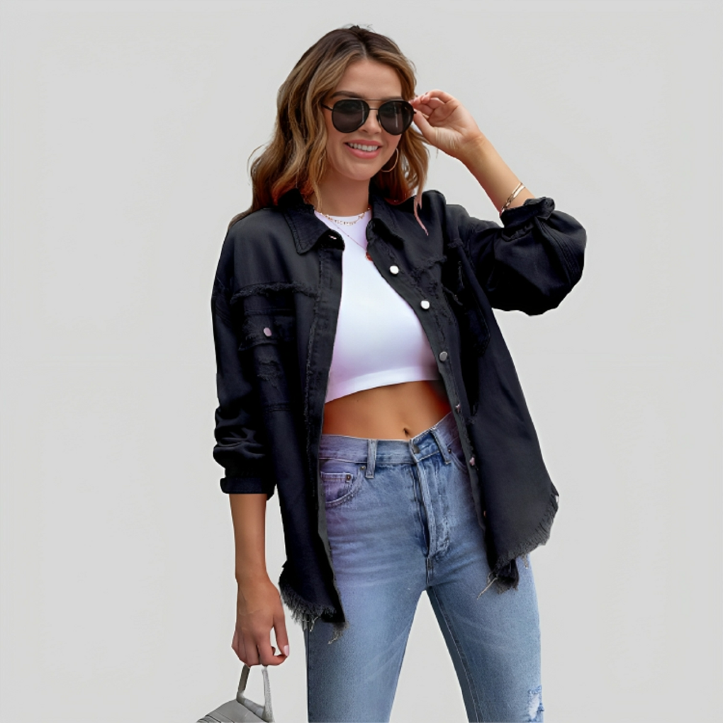 Levoire | Veste en jean frangée pour femmes tendance et confortable Noir