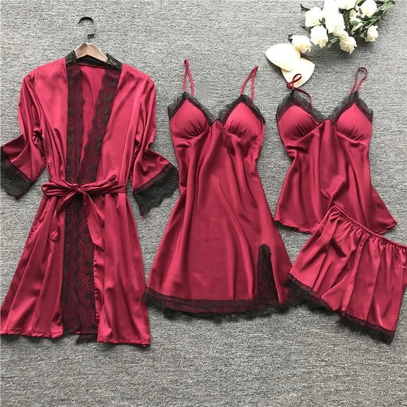 Levoire | Satin Pyjama pour femmes Ensemble 4 pièces Style élégant et raffiné Rot