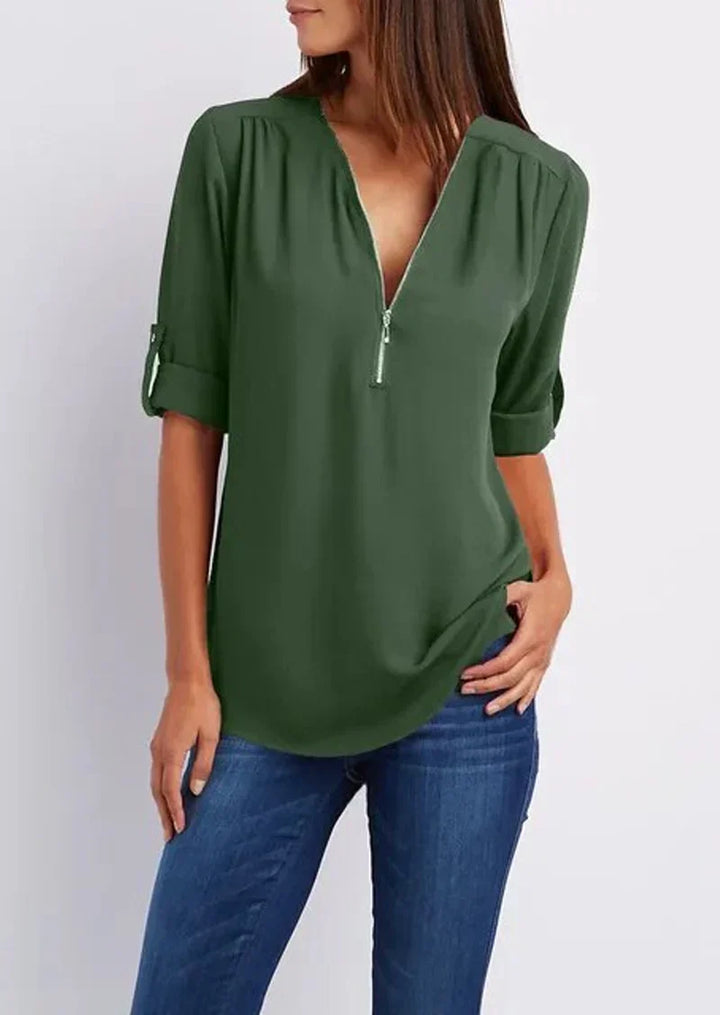 Levoire | Blouse Élégante À Zip Avec Décolleté En V Pour Femmes Vert