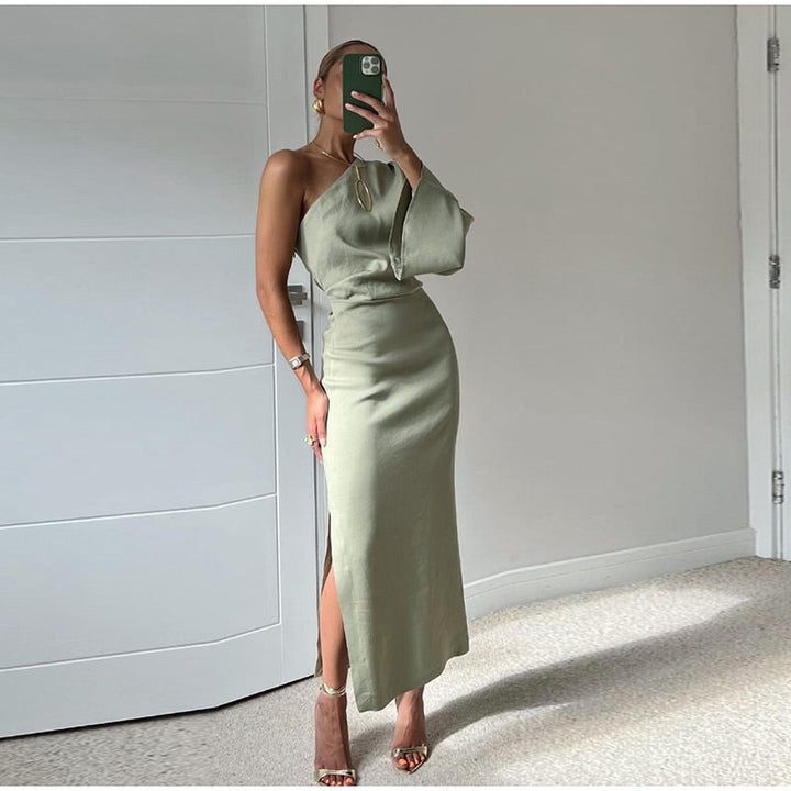 Levoire | Robe Midi Avec Manches Longues Et Design D'Épaule Asymétrique Vert Gris