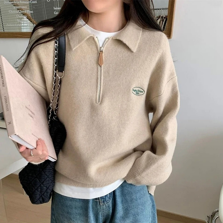 Levoire | Pull femme avec fermeture éclair, tricoté en biais et coupe confortable Hellebrun