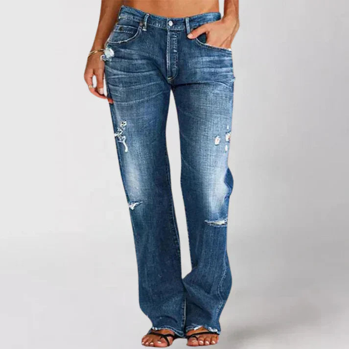 Levoire | Jeans Déchirés En Denim Taille Haute Pour Femmes Bleu foncé