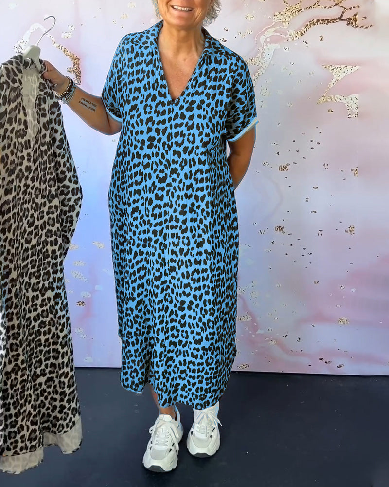 Levoire | Robe À Imprimé Léopard À Décolleté En V Avec Manches Courtes Bleu