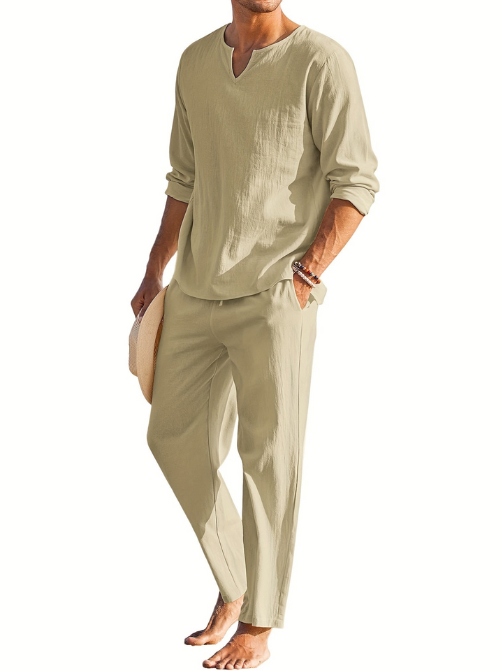 Levoire | Chemise pour homme élégante et ensemble de pantalons pour une élégance décontractée printemps/été Kaki