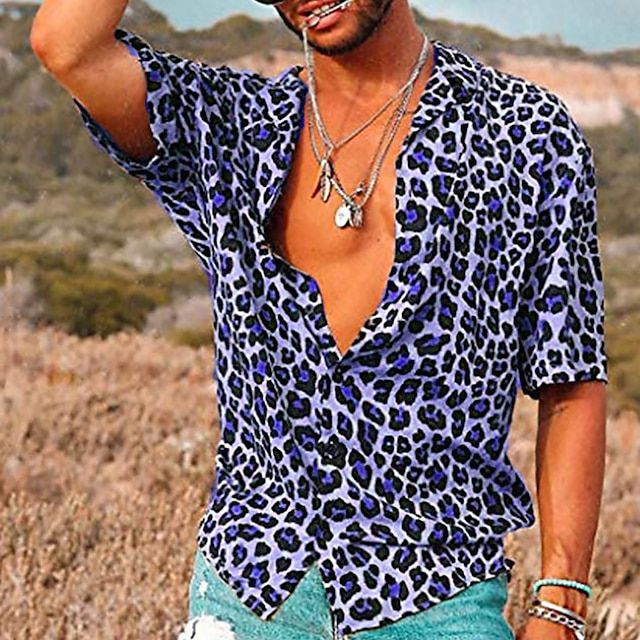 Levoire | Chemise Homme Manches Courtes Chemise d'Été avec Motif Léopard Bleu