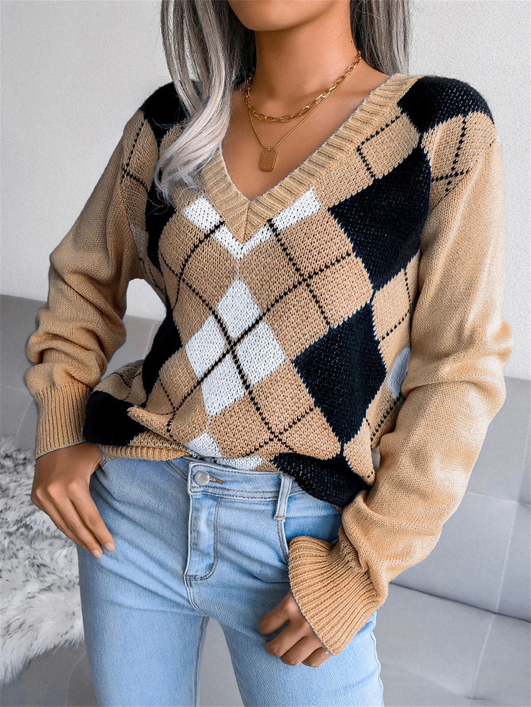 Levoire | Pull en tricot à col en V pour femmes Pull argyle avec motif Braun-noir