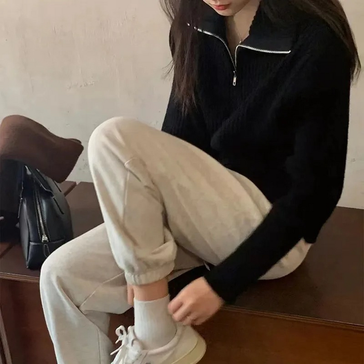 Levoire | Pull en tricot à fermeture éclair pour femmes, Coupe confortable Noir