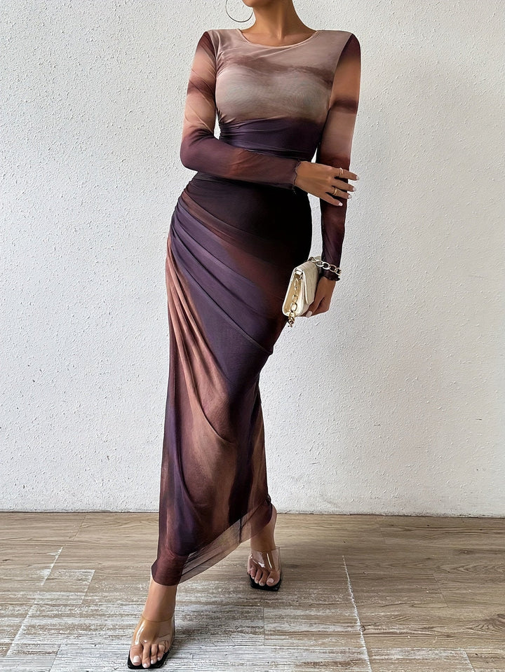 Levoire | Robe Maxi Froncée Et Ajustée Avec Motif Tie-Dye, Élégante Robe À Manches Longues Avec Encolure Ronde Pour Le Printemps Et L'Automne, Vêtements Femme