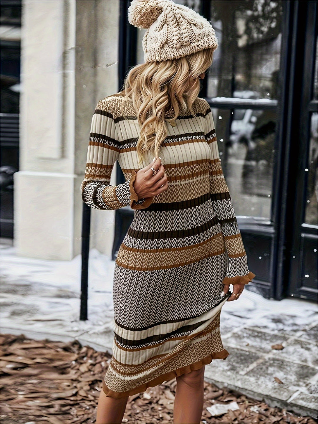 Levoire | Robe En Tricot Rippée Élégante À Manches Longues Couleur de mélange
