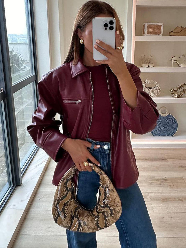 Levoire | Veste En Simili Cuir Polo Fermeture Éclair Poches Manches Longues Femme Élégante Décontractée Mode Blouson Bordeaux