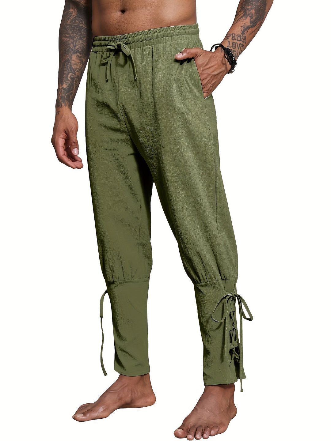 Levoire | Homme Coton Lin Mélange Bande De Publication Et Pantalon Harem