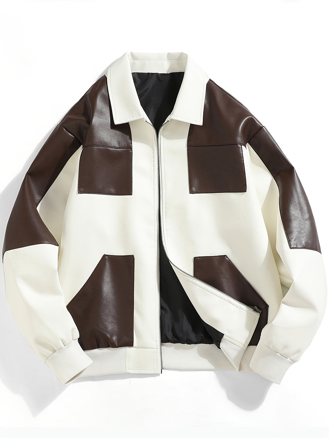 Levoire | Veste Pour Hommes En Cuir Pu De Couleur Contrastée Couleur du café L(50)