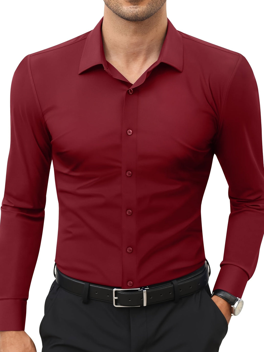 Levoire | Slim Fit Stretch Chemise Homme Boutonnée Rouge foncé-A