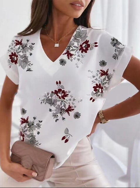 Levoire | Haut Col V Doux Avec Imprimé Luxueux Blanc avec des fleurs