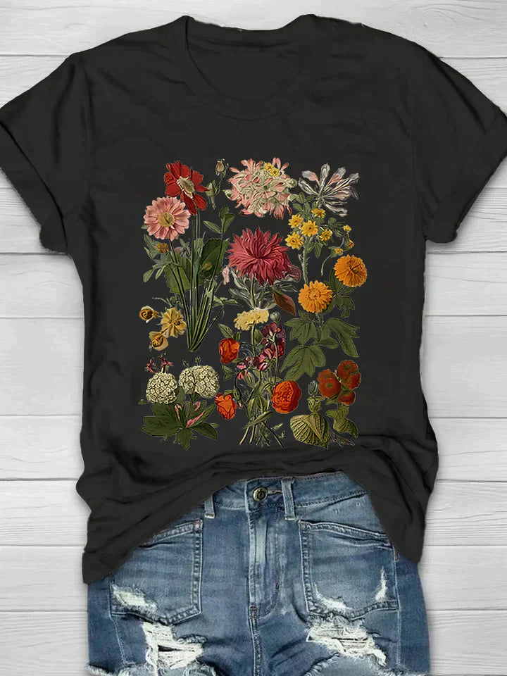 Levoire | T-Shirt Vintage Fleurs Style Rétro Pour Chic Décontracté Noir