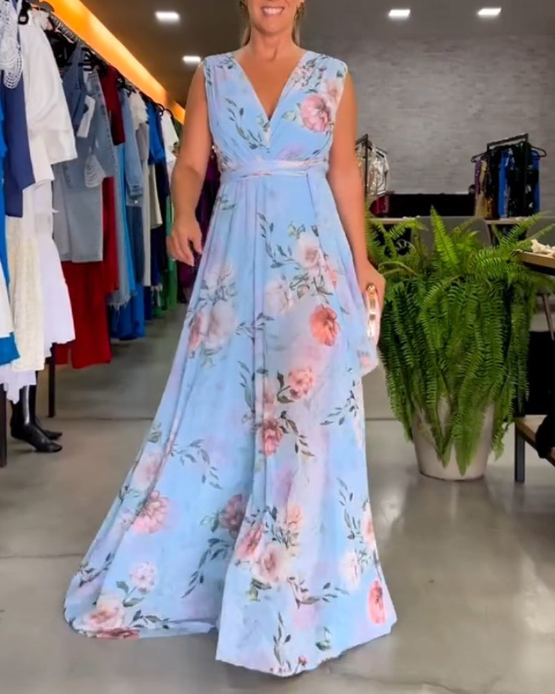 Levoire | Robe Sans Manches Élégante À Imprimé Floral En V Bleu