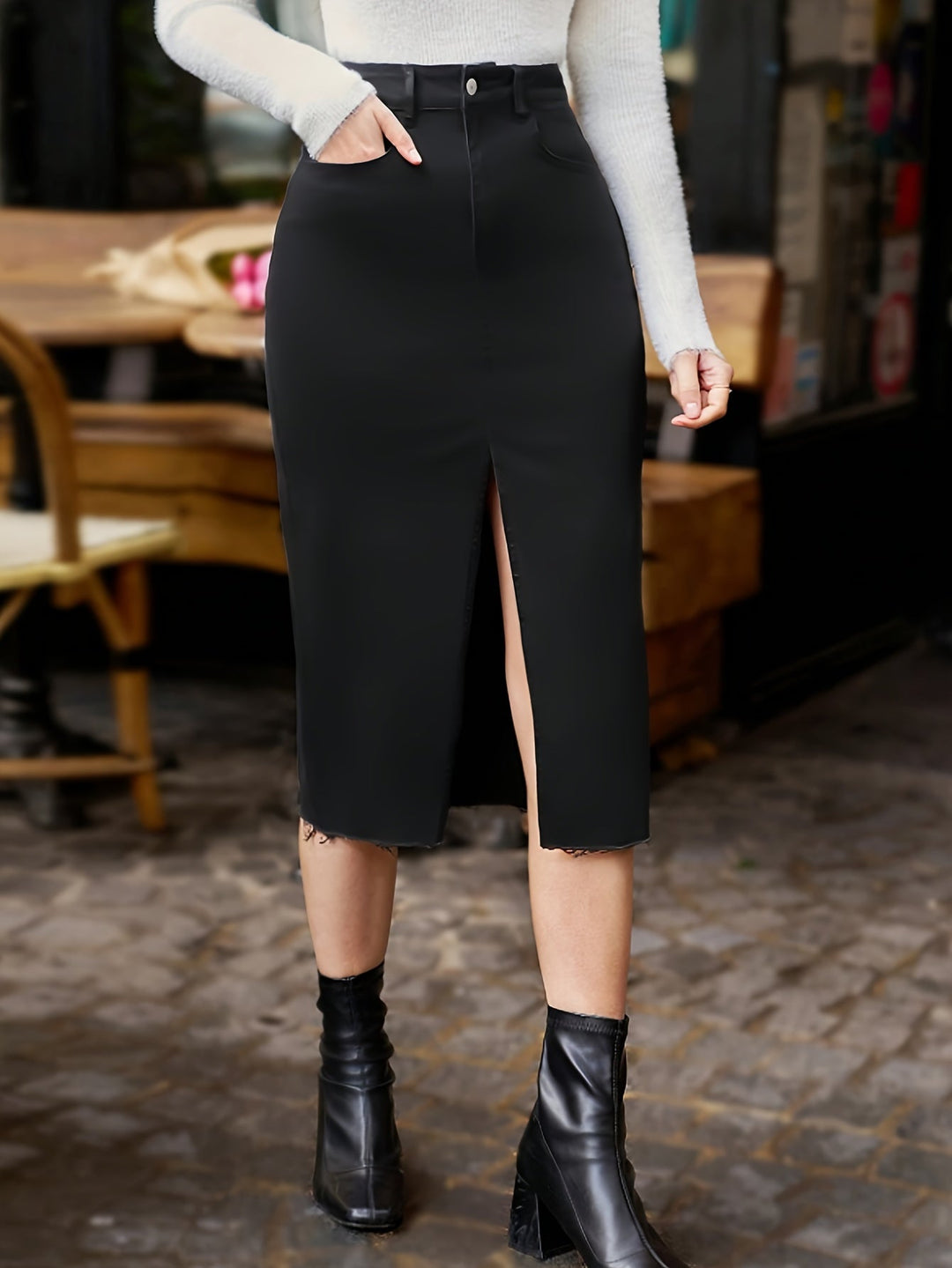 Levoire | Jupe Crayon En Jean Noir Avec Élasticité Et Fente