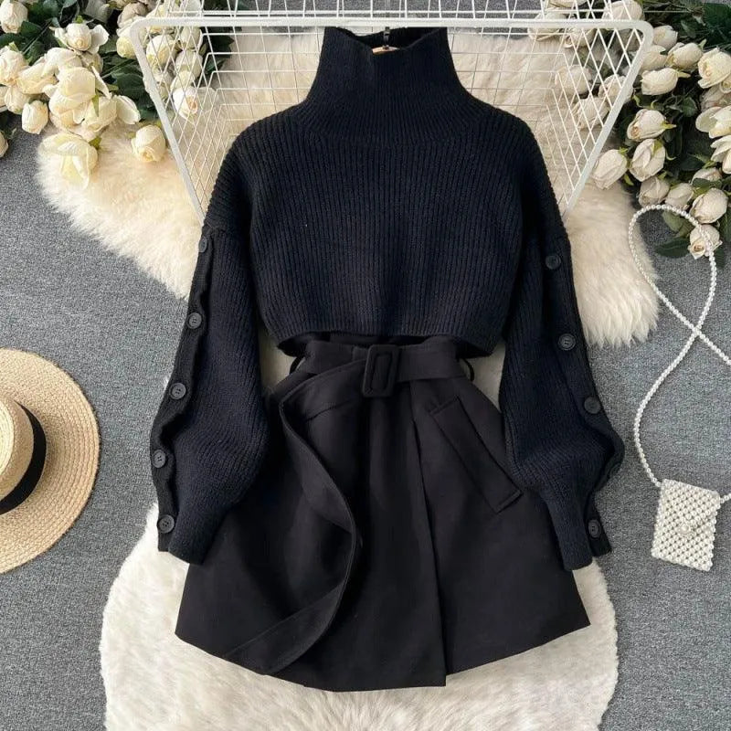 Levoire | Robe femme 2 pièces : pull court et jupe avec une élégante ceinture robe noire