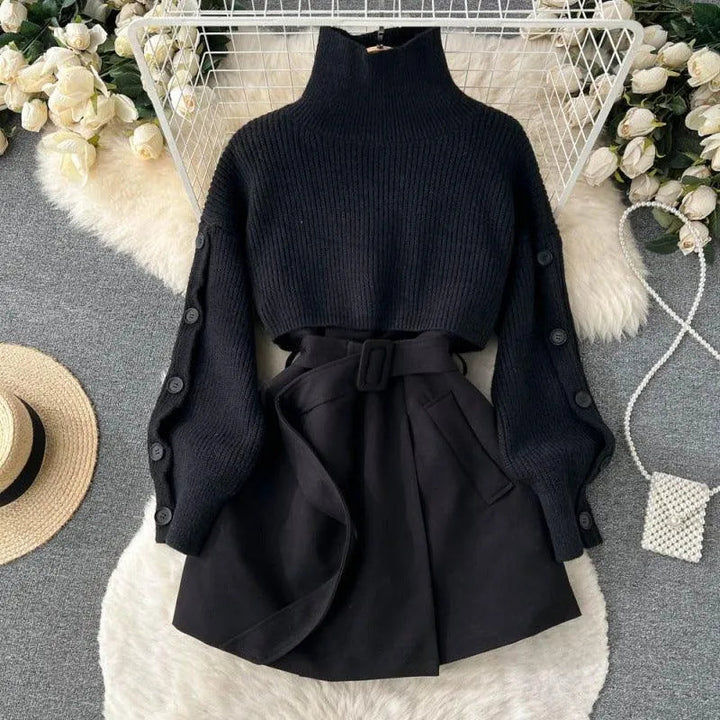 Levoire | Robe femme 2 pièces : pull court et jupe avec une élégante ceinture robe noire