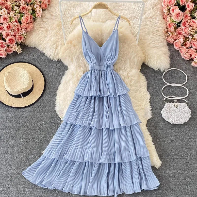 Levoire | Robe longue avec décolleté en V de style français Bleu Une taille