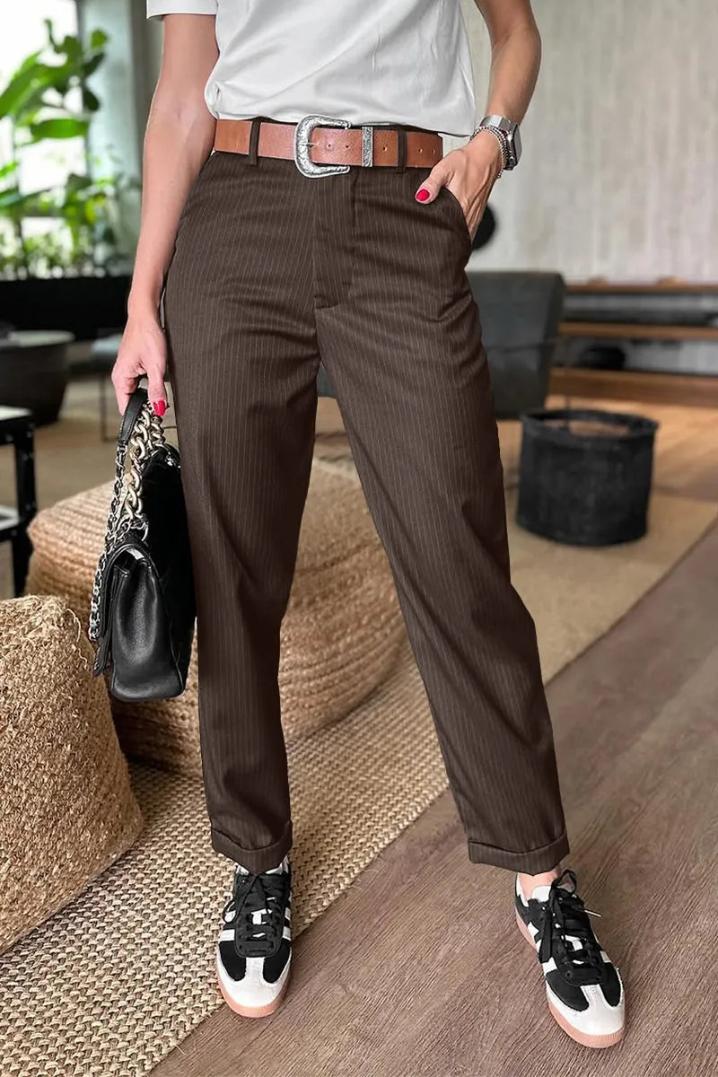 Levoire | Pantalon Tailleur Rayé Élégant Marron foncé