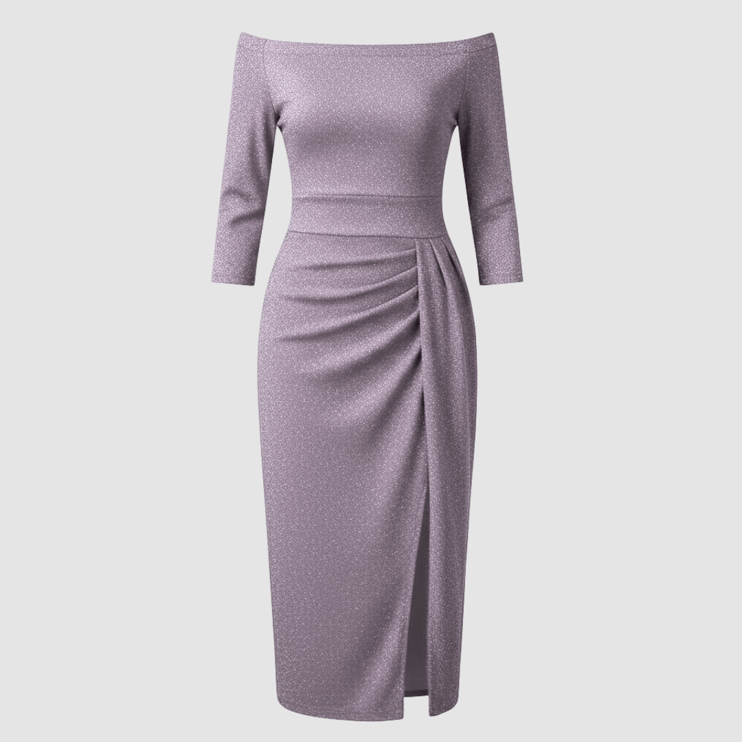 Robe élégante pour invitée de mariage épaules dénudées longue satin | Avriane