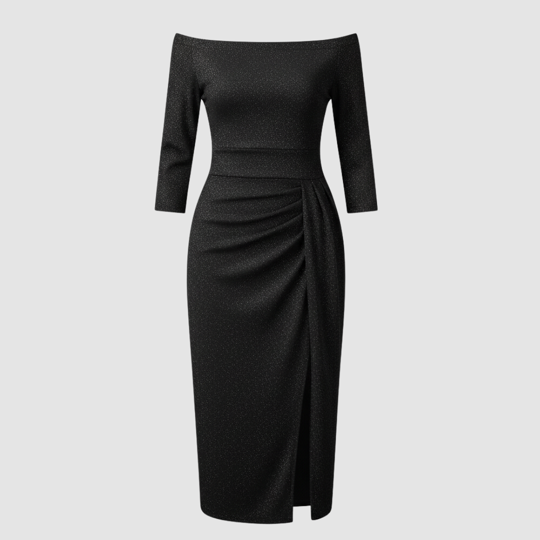 Robe élégante pour invitée de mariage épaules dénudées longue satin | Avriane
