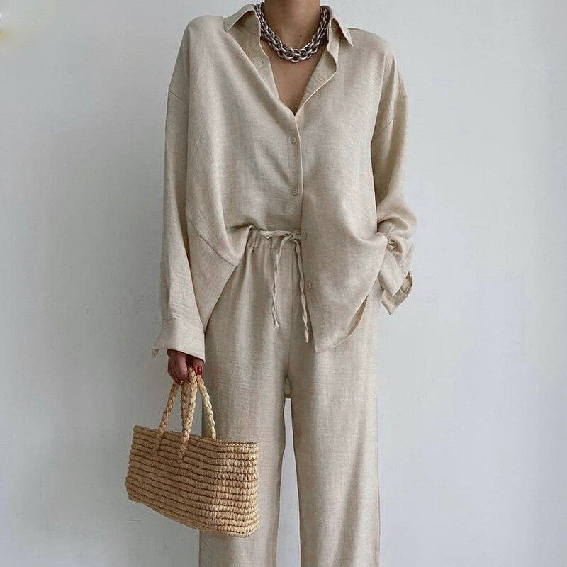 Levoire | Chemise Décontractée Et Pantalon Large Pour Femmes Beige