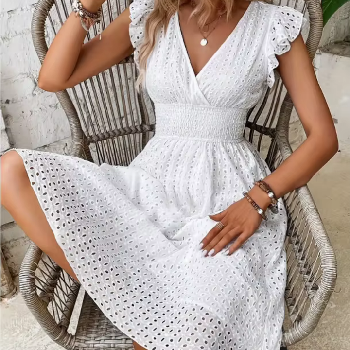 Levoire | Robe D'Été Mini À Col V Brodé À Œillets Pour Femmes