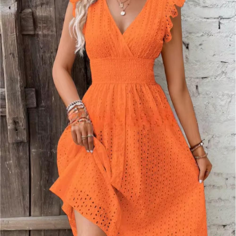 Levoire | Robe D'Été Mini À Col V Brodé À Œillets Pour Femmes Orange