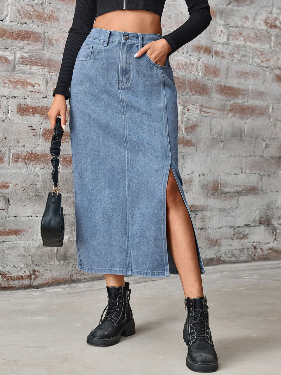 Levoire | Jupe En Denim Longue À Taille Haute Avec Fente Et Poches