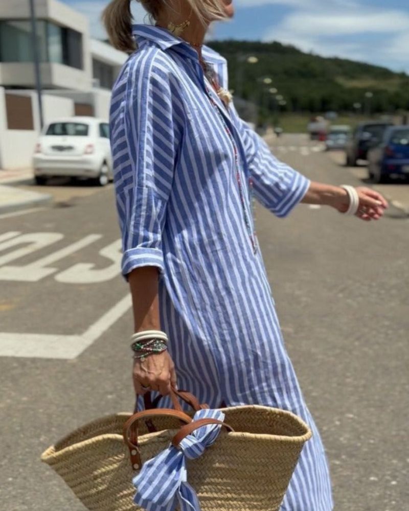 Levoire | Robe Chemise Classique À Rayures Et En Dentelle Bleu