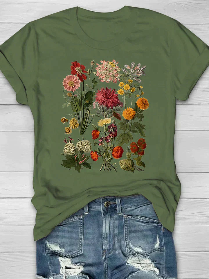 Levoire | T-Shirt Vintage Fleurs Style Rétro Pour Chic Décontracté Vert olive
