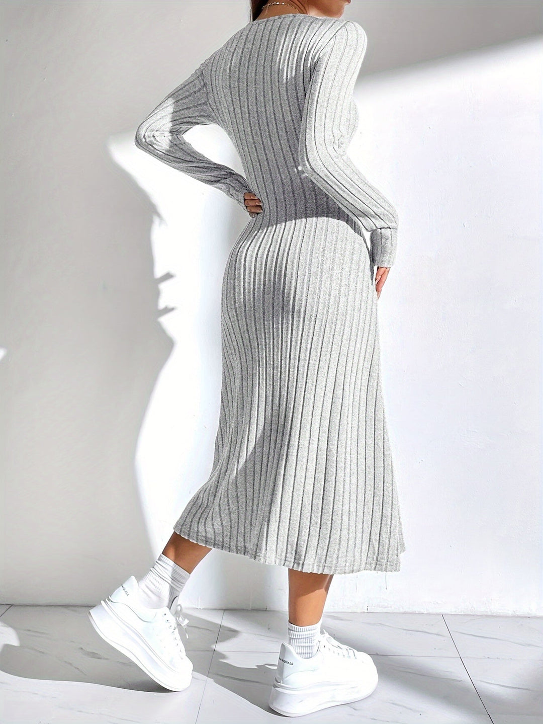 Levoire | Robe A-Ligne À Manches Longues Côtelée En Couleur Unie