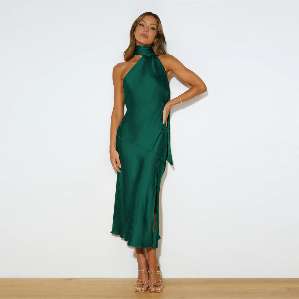 Levoire | Robe élégante en satin fendue Vert foncé