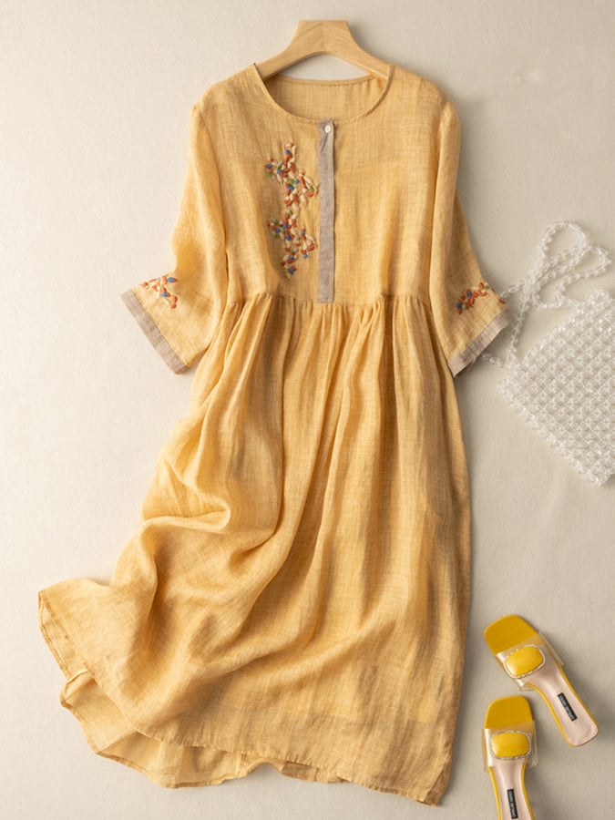Levoire | Robe Brodée En Coton Et Lin Jaune
