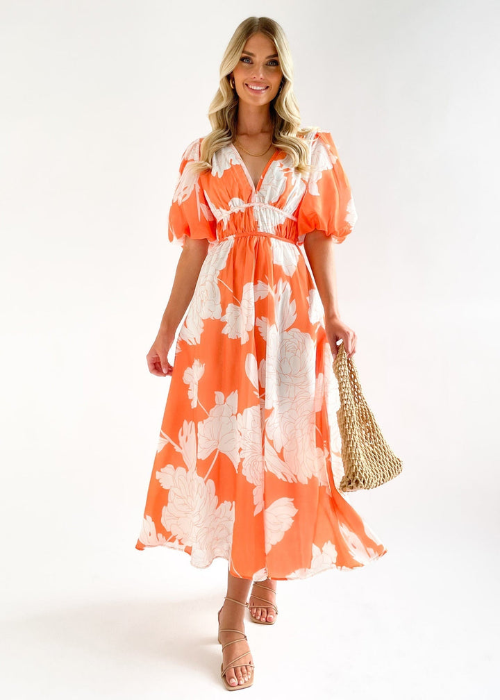Levoire | Robe Longue Avec Décolleté En V Et Manches Bouffantes Orange