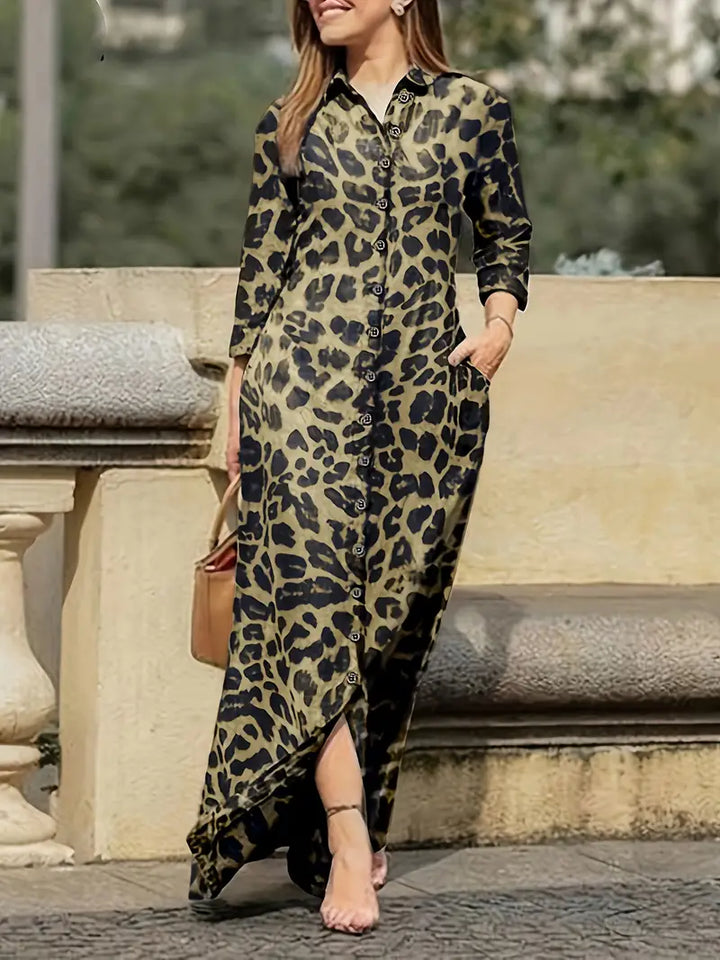 Levoire | Robe Maxi À Motif Léopard Et Boutons Café