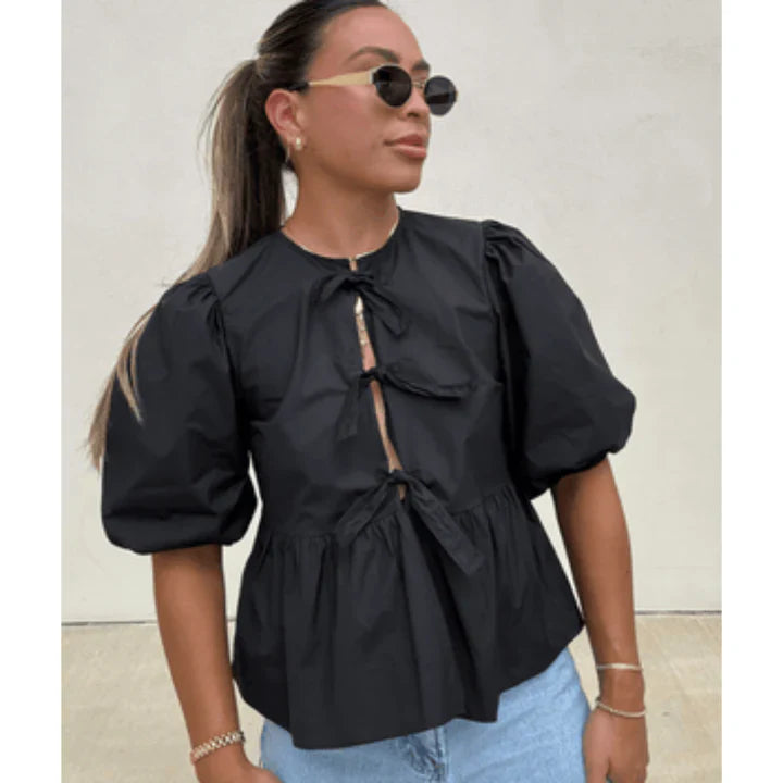 Levoire | Femmes Manches bouffantes Col avant Peplum Noir