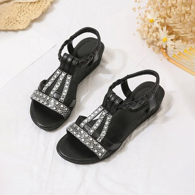 Levoire | Sandales Élégantes Avec Semelle En Liège Et Détails En Strass Pour Femmes Noir