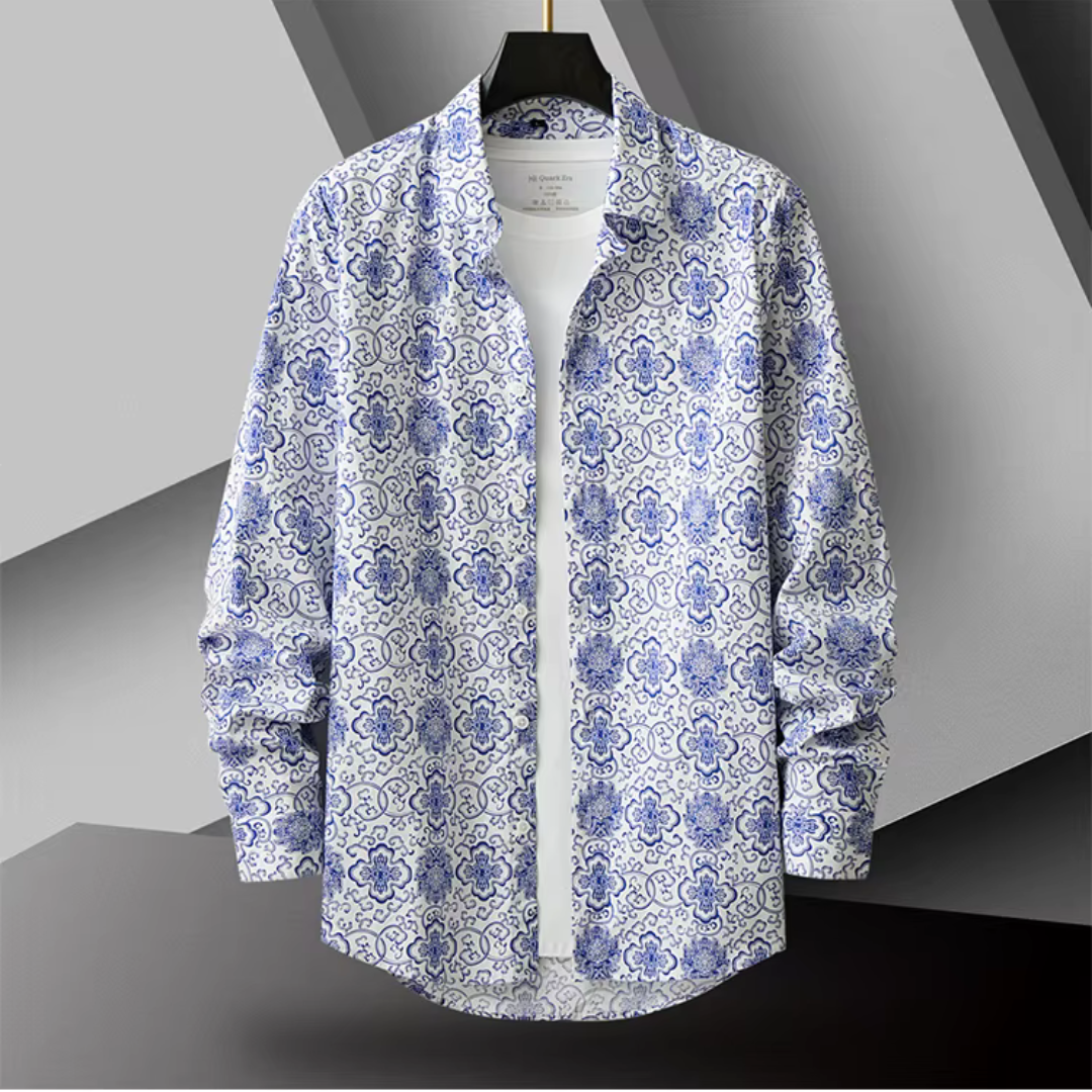 Levoire | Chemise Élégante Pour Hommes Avec Motifs Méditerranéens Bleu