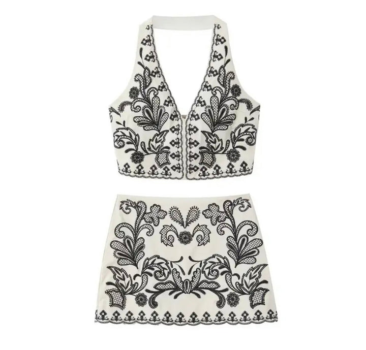 Levoire | Élégant Ensemble De Crop Top Et Jupe Brodé Noir Et Blanc