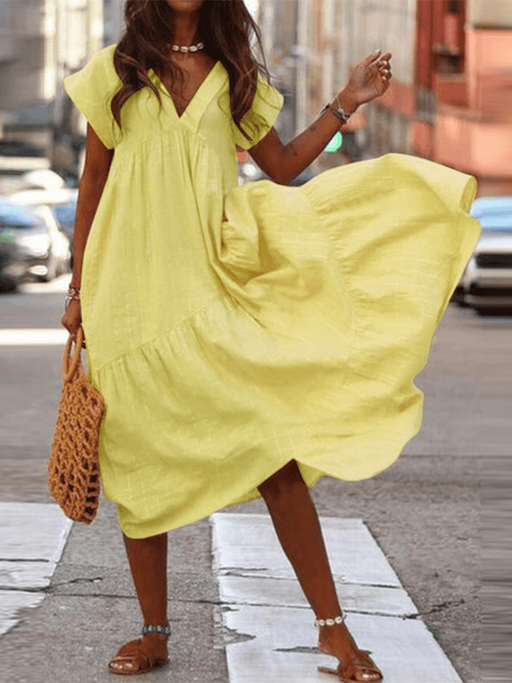 Levoire | Robe décontractée ample à col en V 100% coton pour femmes Jaune