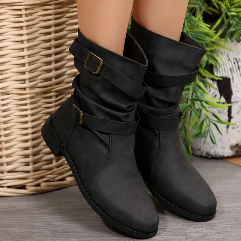 Levoire | Bottes Femme à Boucle Réglable Décontractées à Talon Bas Noir