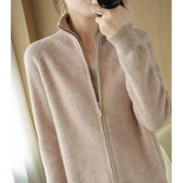 Levoire | Veste femme avec fermeture éclair, tricot et col haut Braun